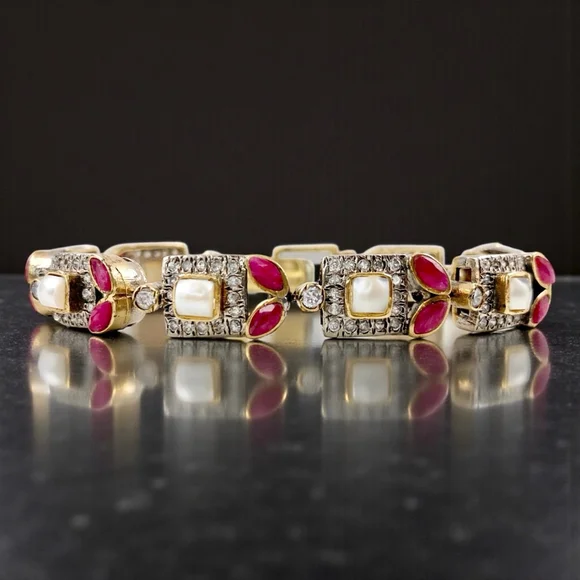 Vintage Mughal Revival Bracelet, Natural Ruby Pearl Diamond Gold Vermeil, Indian - Picture 4 of 11